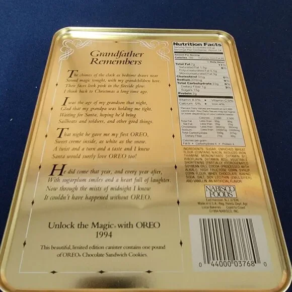 Vintage 1994 Oreo Unlock the Magic Holiday Tin Grandfather Remembers Empty - Picture 5 of 5